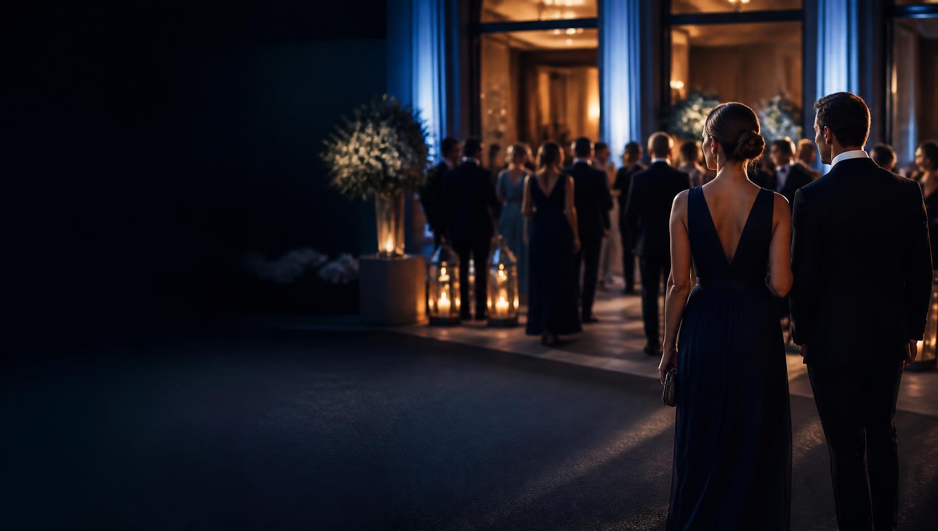 Guests arriving at an evening event and gathering near the entrance