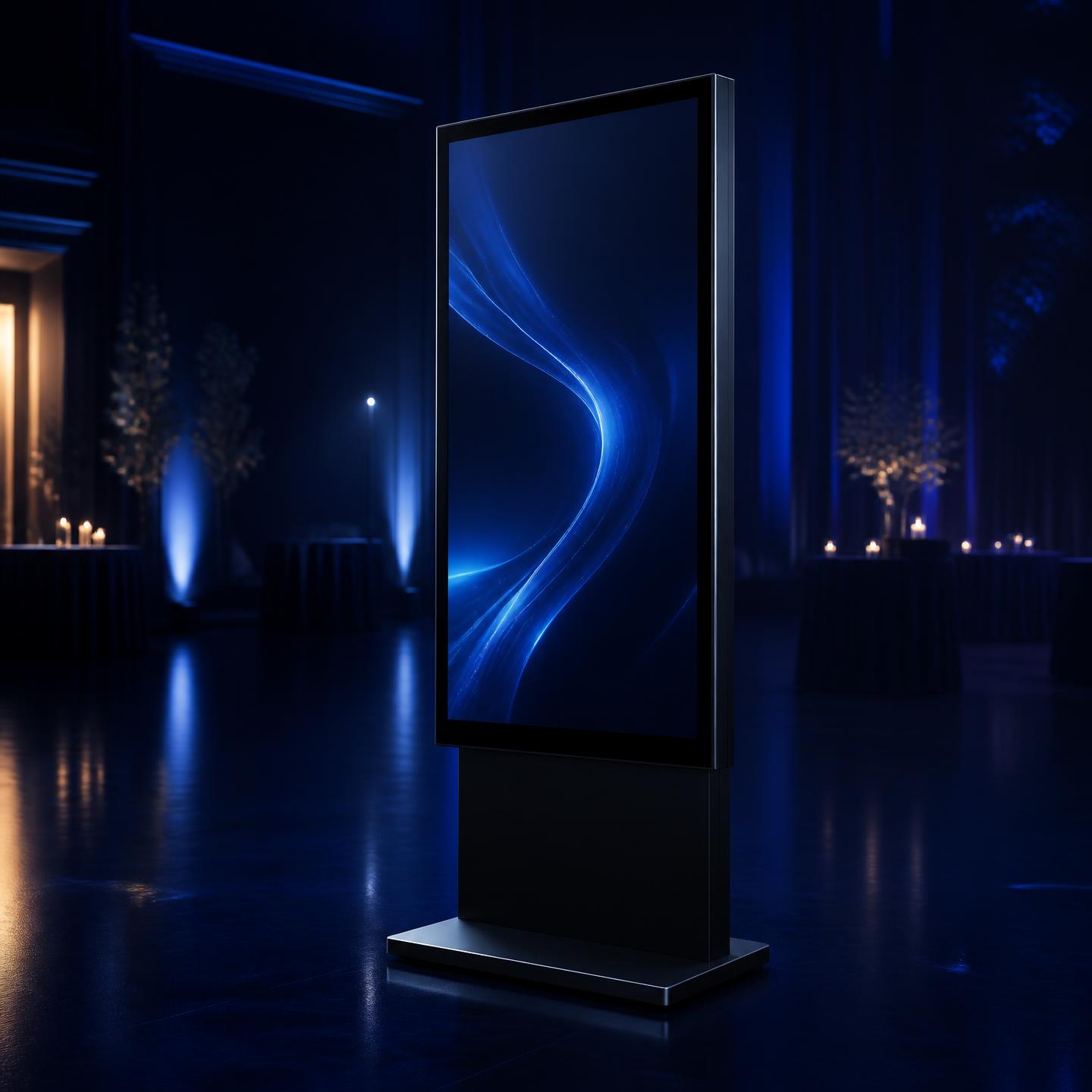 A freestanding BlueBox interactive event display glowing at an event entrance