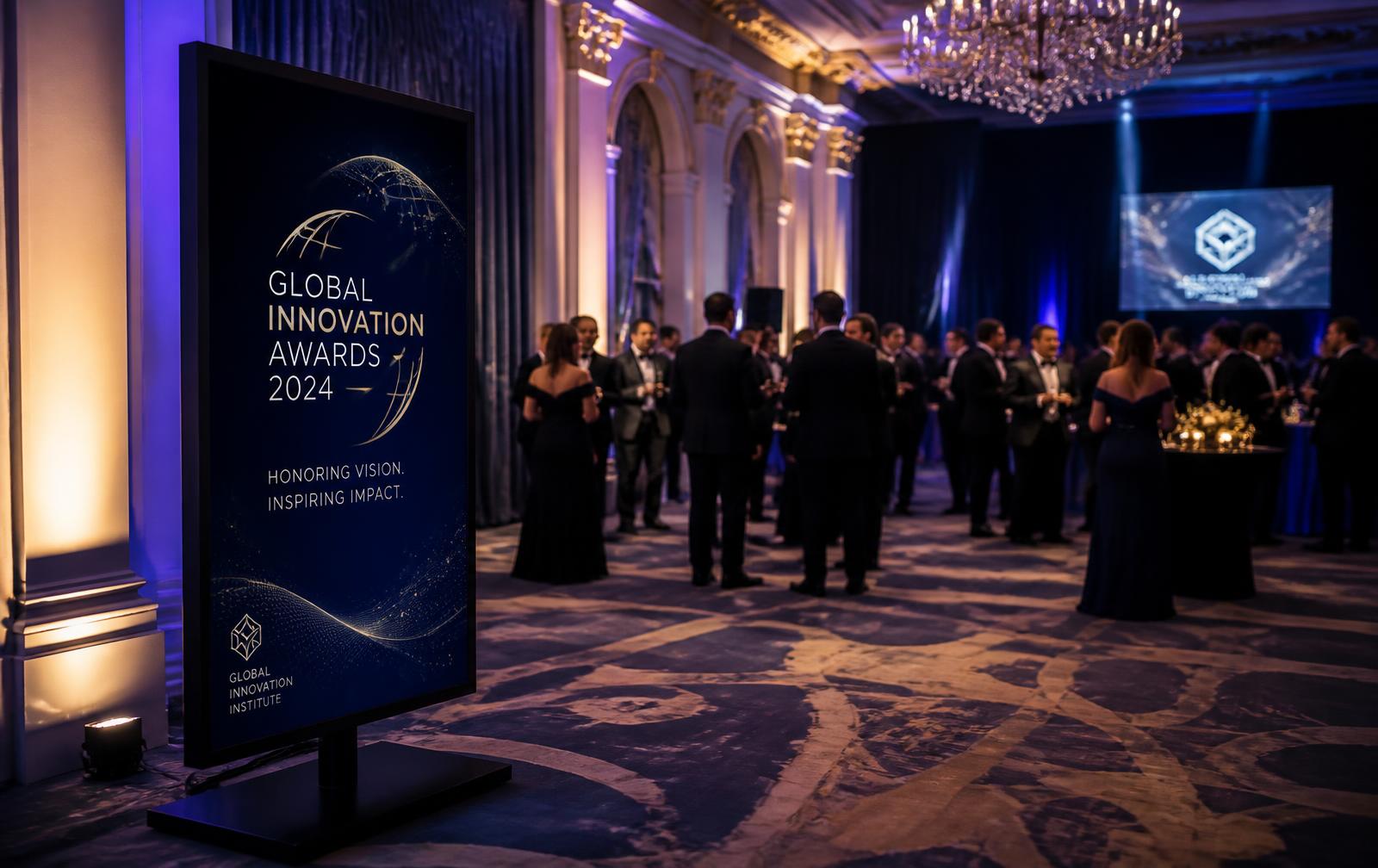 The BlueBox display standing at an event entrance beside guests