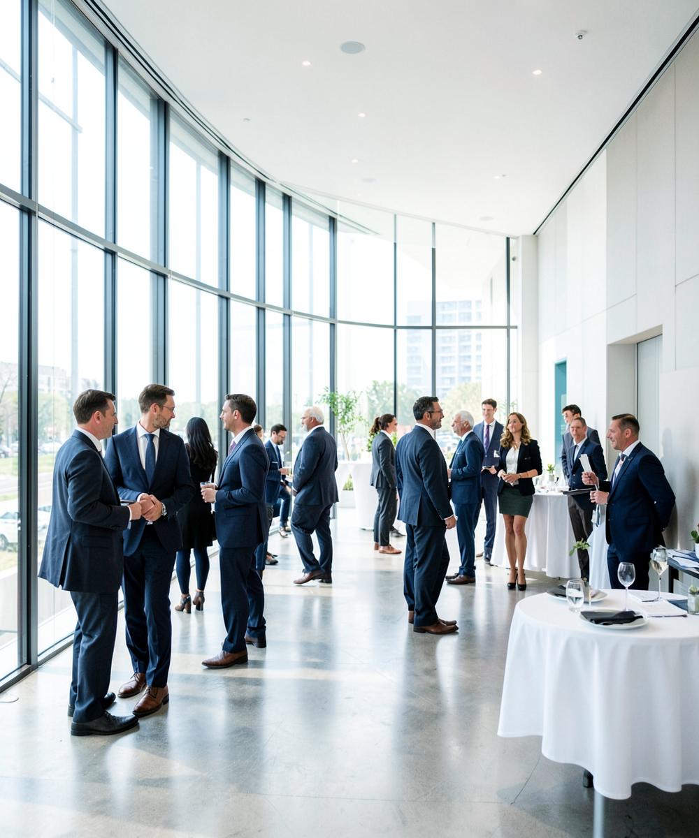Corporate event dinner with guests seated at round tables