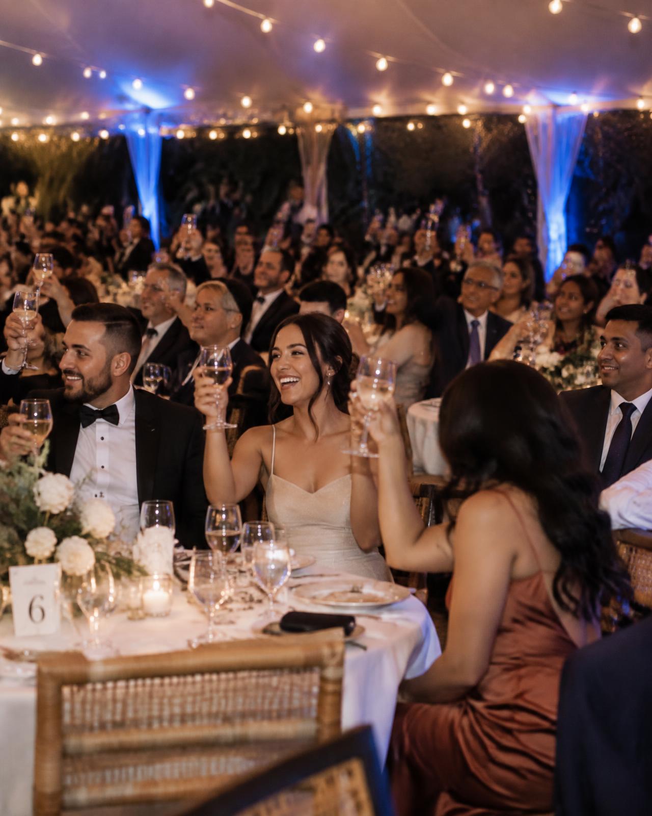 Wedding guests raising their glasses at a candlelit reception using BlueBox