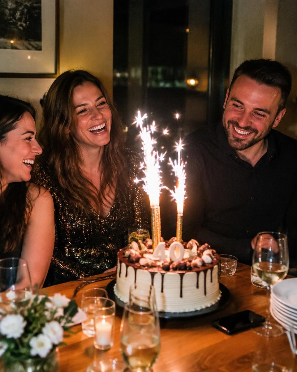 Friends laughing around a birthday cake with sparklers