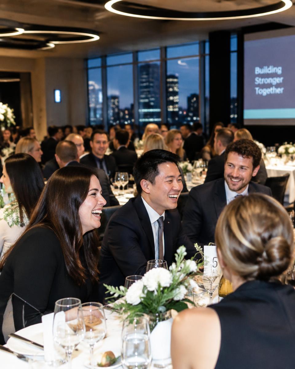Colleagues laughing together at a corporate dinner
