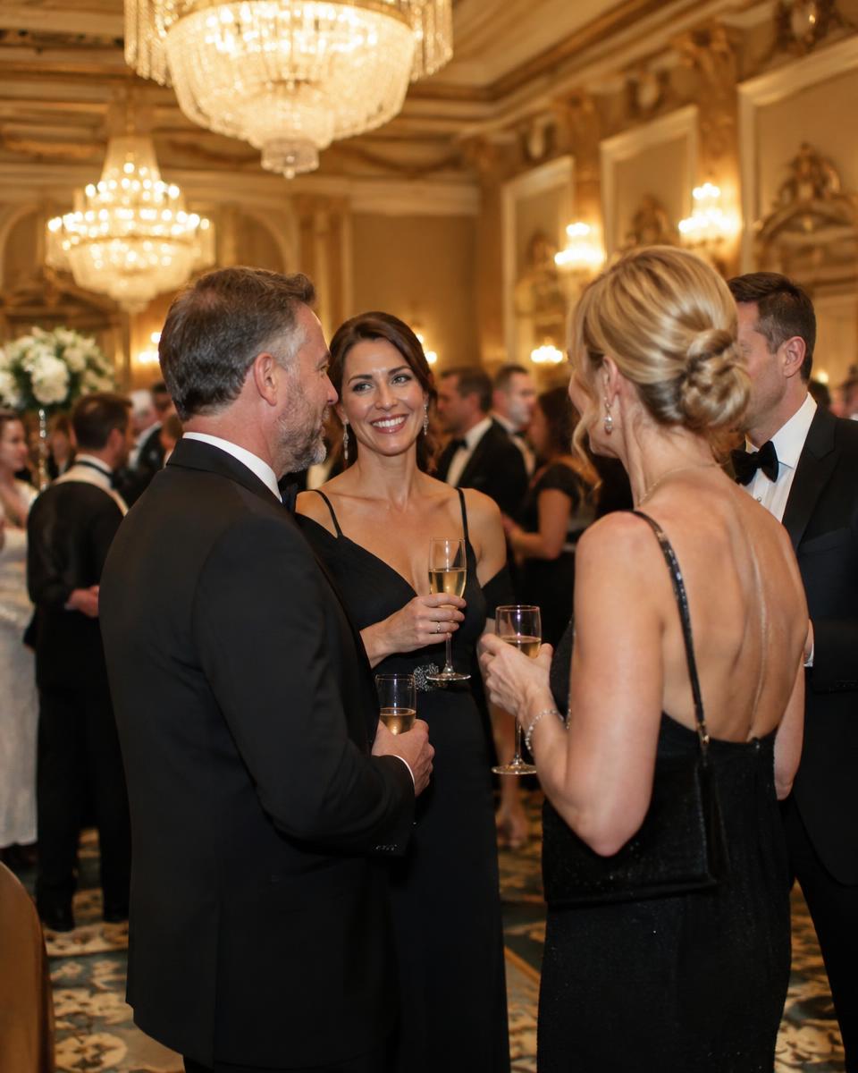Black-tie gala guests talking with champagne beneath chandeliers